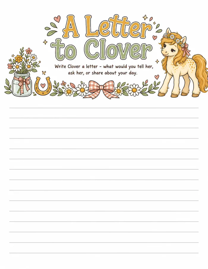 Lined journal page from Clover's Cozy Horse Adventures