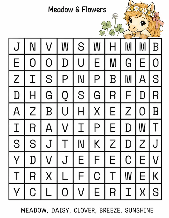 Meadow and flowers word search featuring Clover