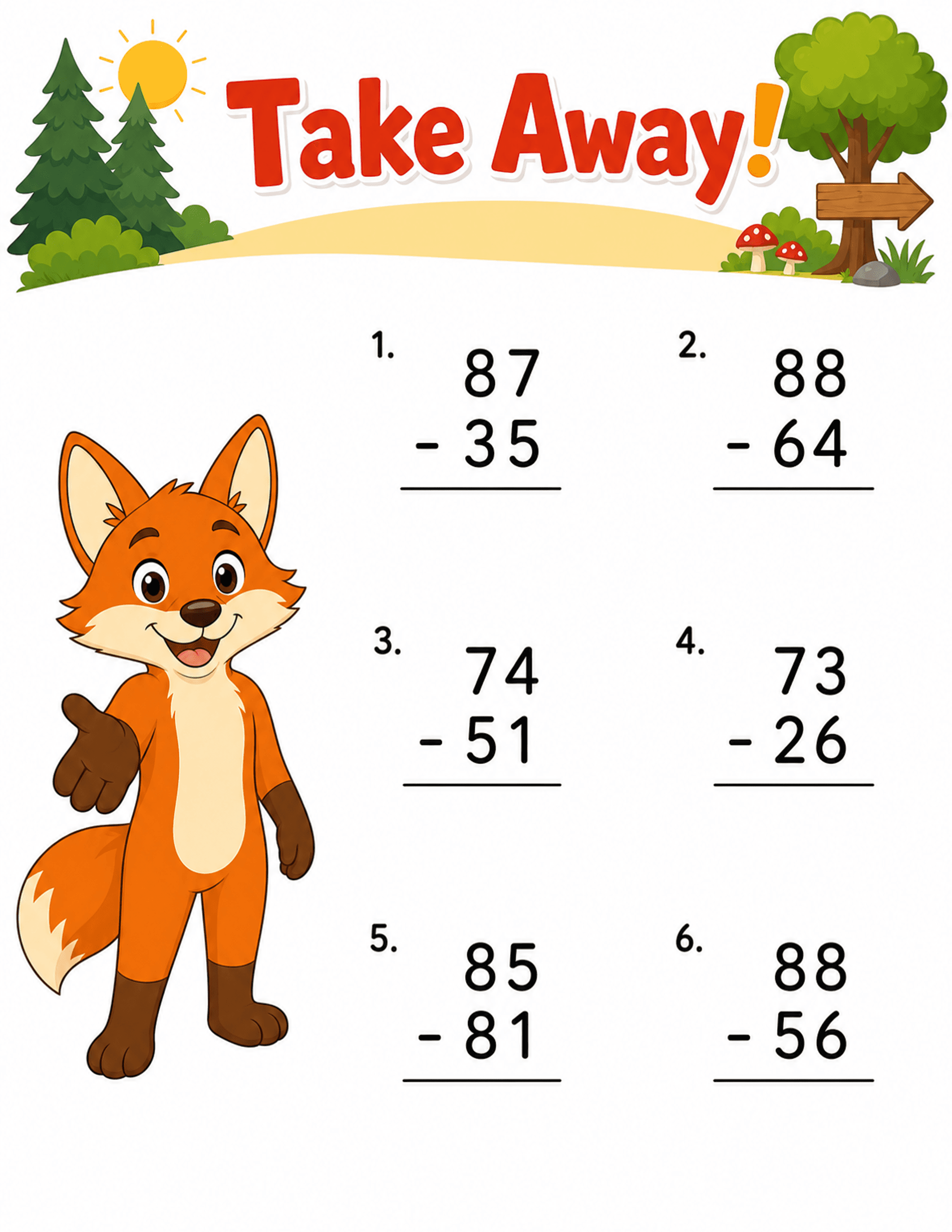 Sample subtraction worksheet with the same recurring character